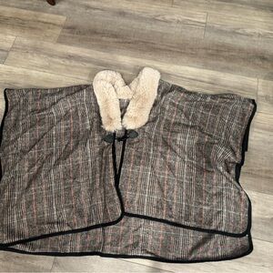 Plaid Cape with Faux Fur Collar